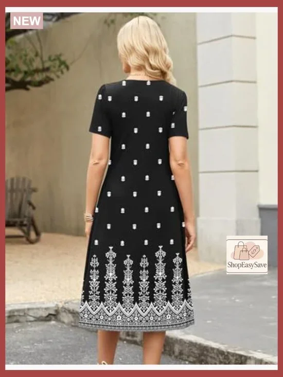 Floral Print Midi Dress Loose Fit Bohemian Casual Summer Beach Sundress with - Picture 6 of 7